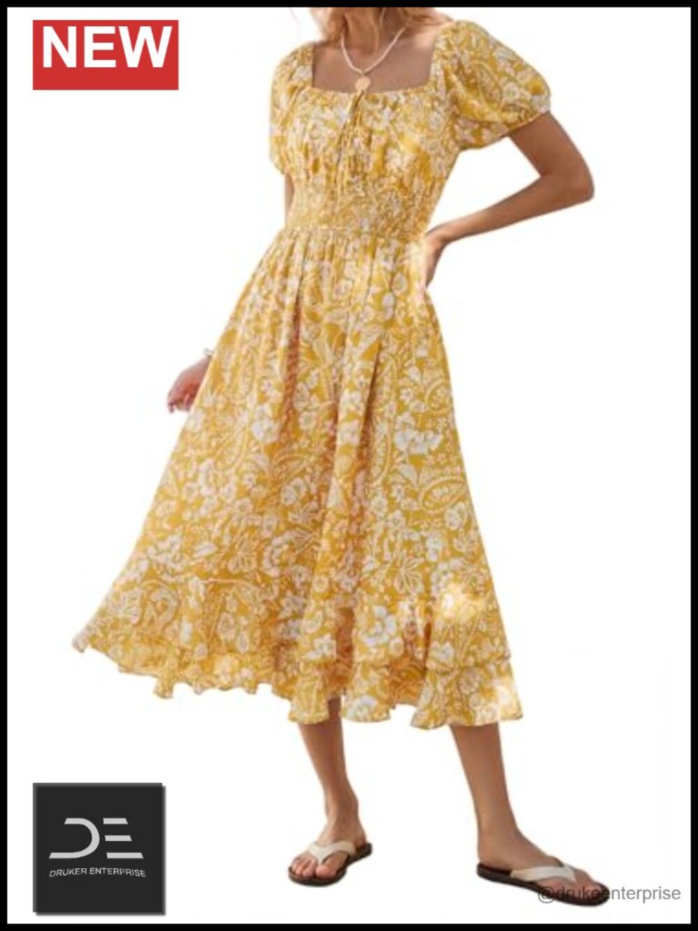 Boho Floral Maxi Dress Square Neck Puff Sleeve Smocked A-Line